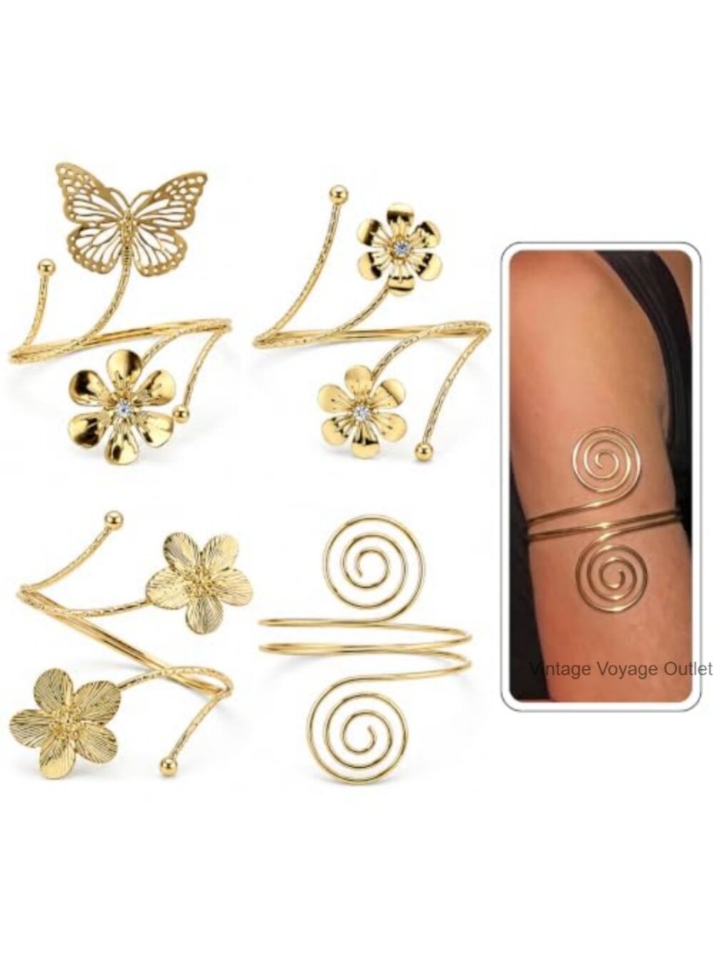 Gold Arm Cuff Set 4PC Butterfly Flower Spiral Adjustable Bracelets
